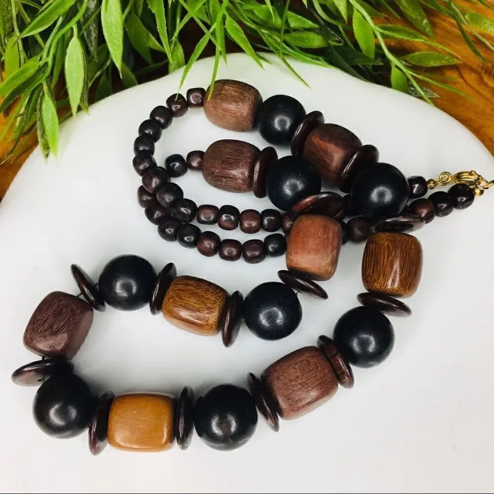 Vintage Mixed natural Wood Beads Boho Tribal Redwood Necklace 4420